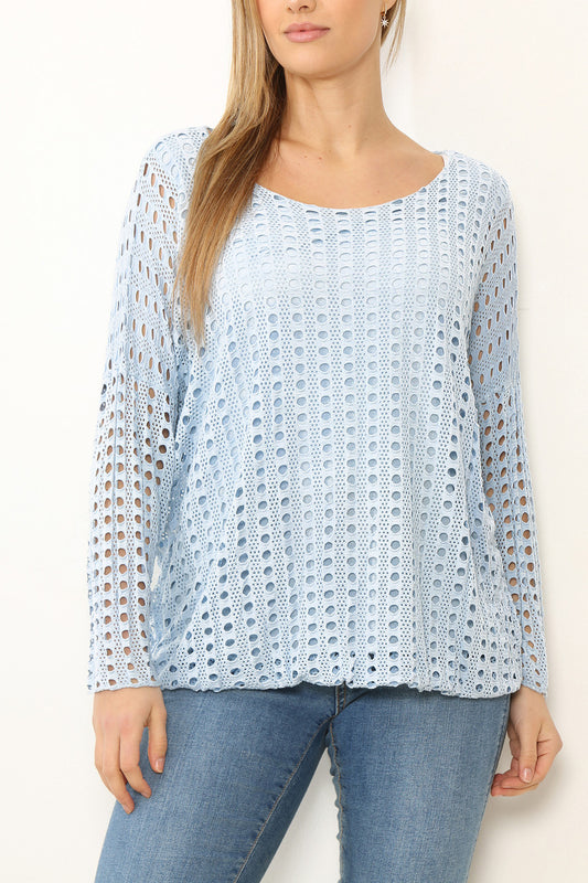 Ladies Cut Out Detail Long Sleeve Top Light Blue