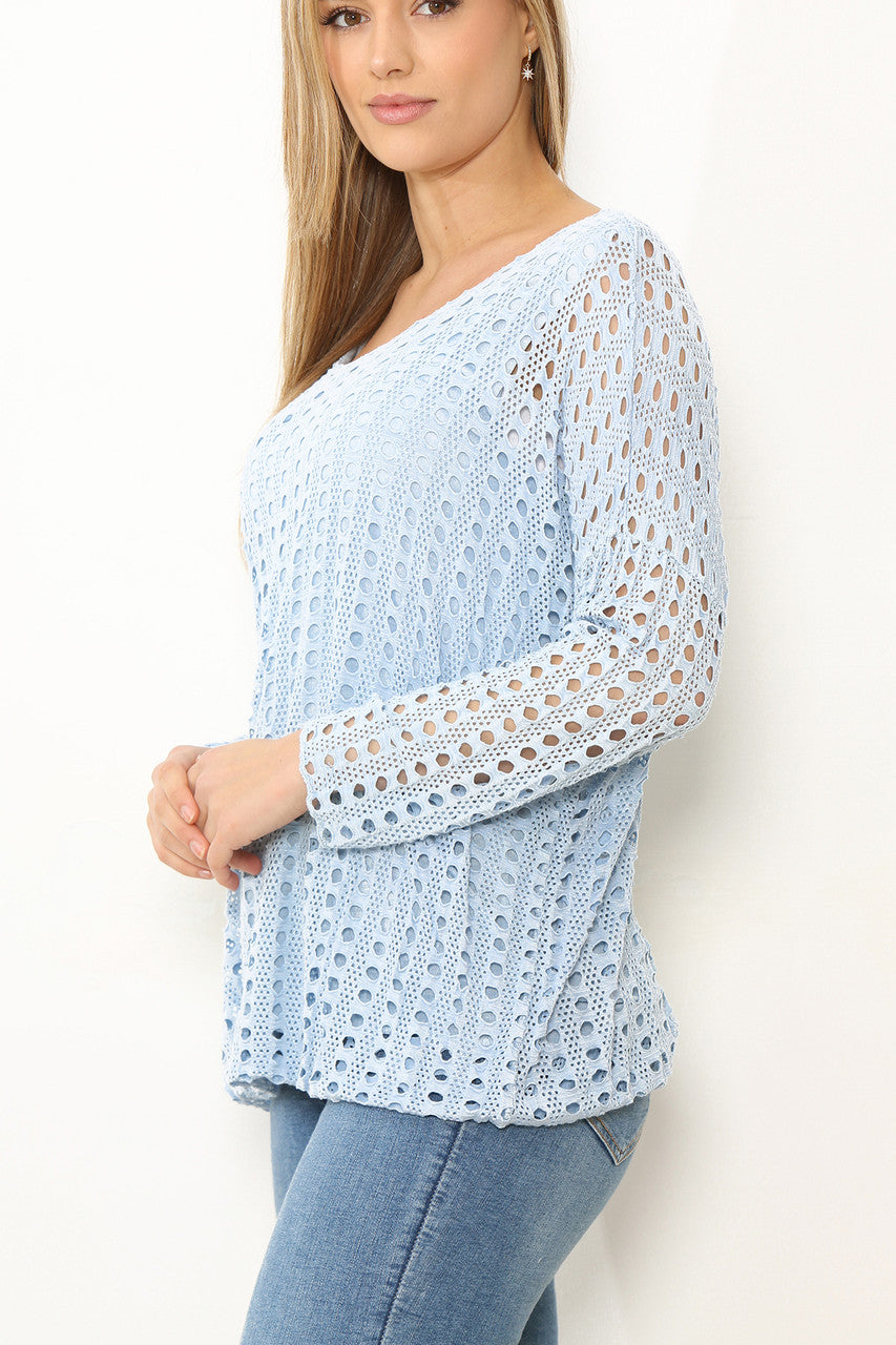 Ladies Cut Out Detail Long Sleeve Top Light Blue