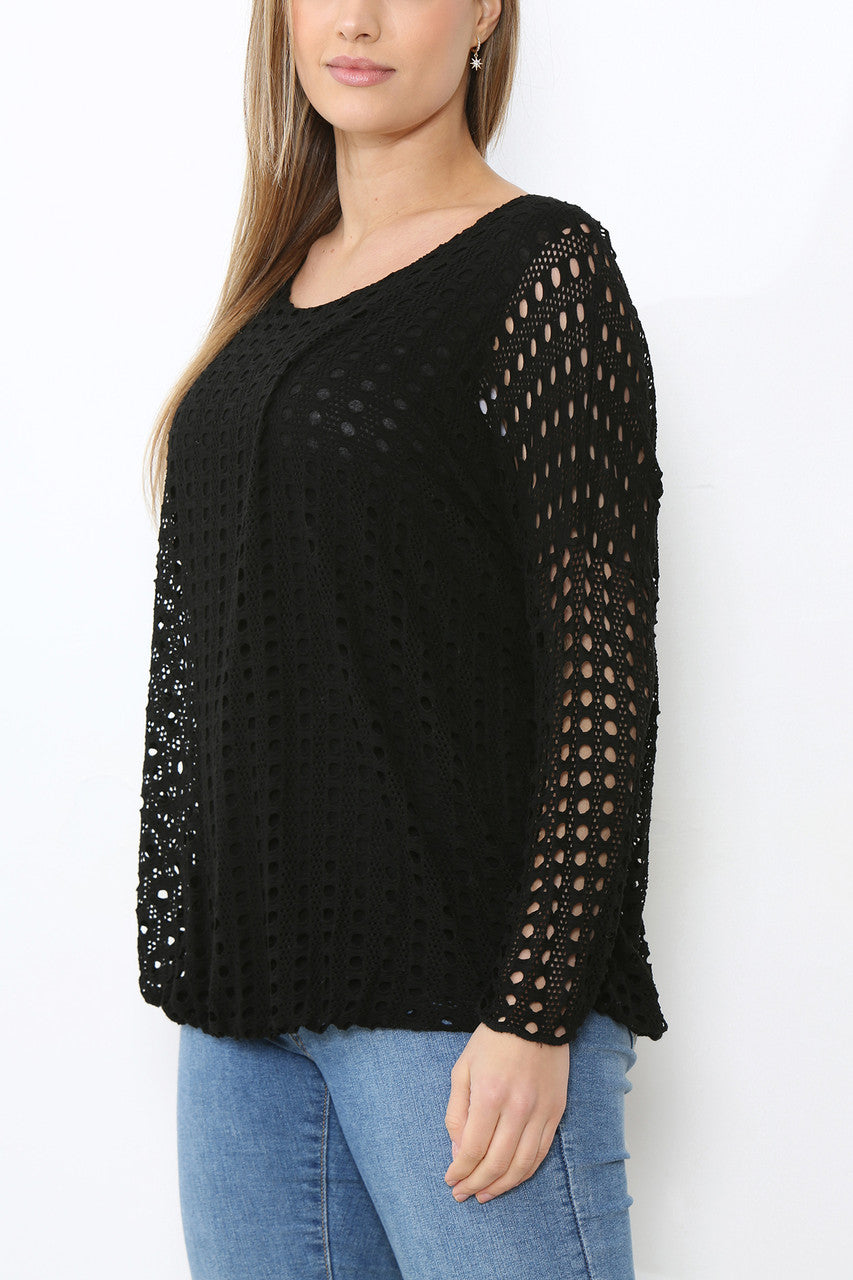 Ladies Cut Out Detail Long Sleeve Top Black