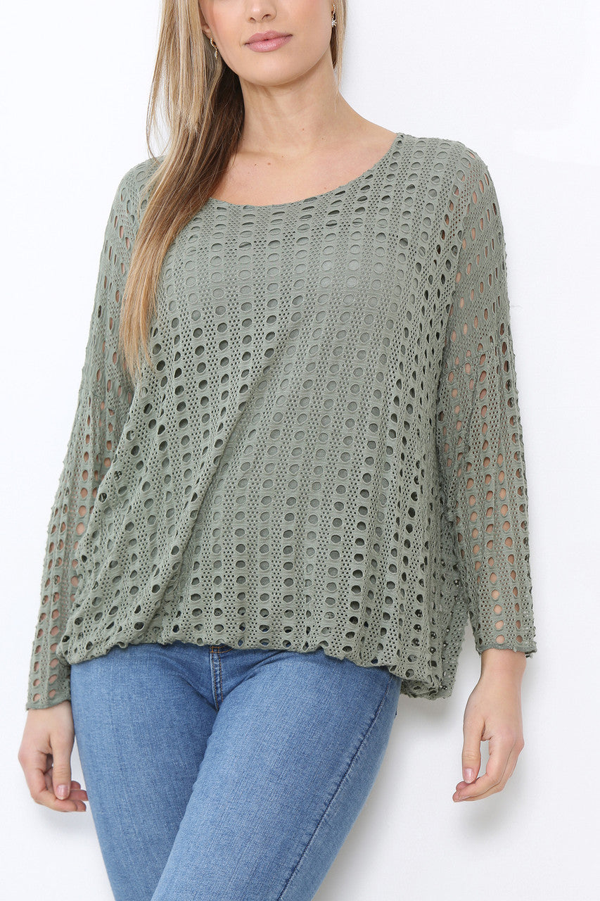 Ladies Cut Out Detail Long Sleeve Top Khaki