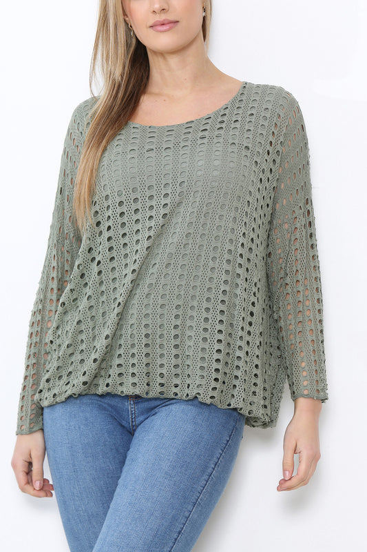 Ladies Cut Out Detail Long Sleeve Top Khaki