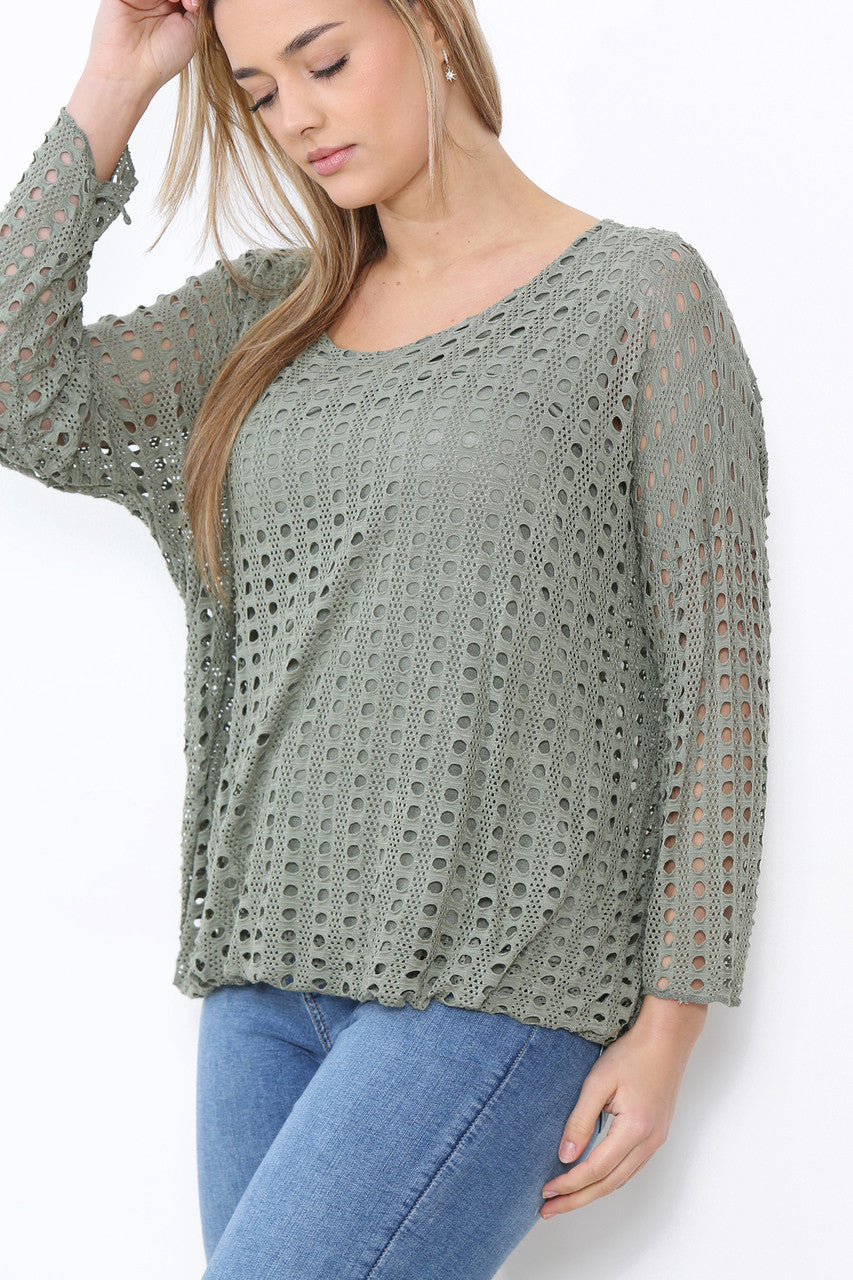 Ladies Cut Out Detail Long Sleeve Top Khaki