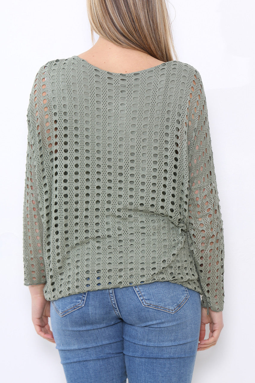 Ladies Cut Out Detail Long Sleeve Top Khaki