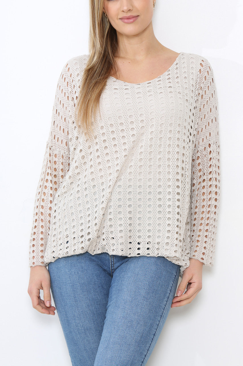 Ladies Cut Out Detail Long Sleeve Top Stone