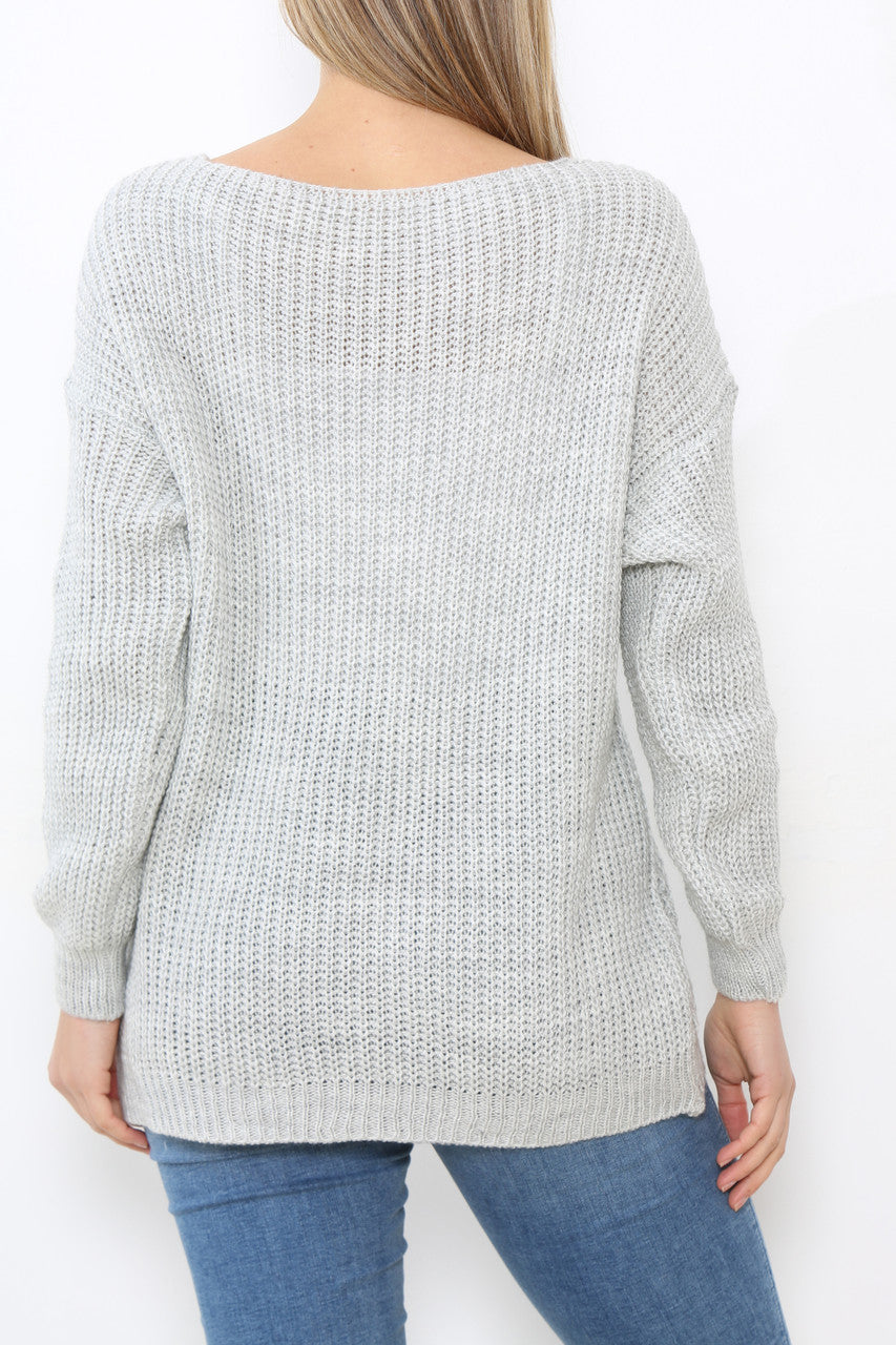 Ladies Knitted Plain Jumper Top Silver