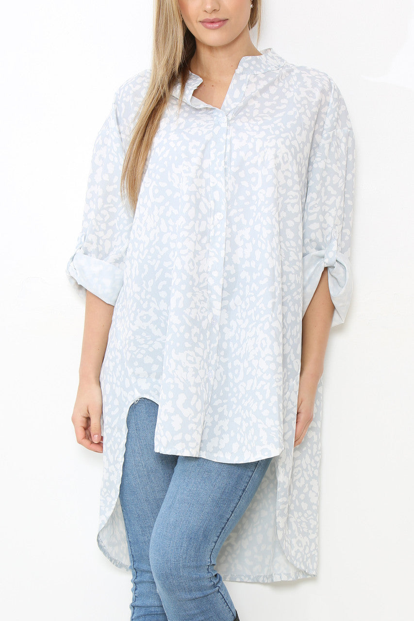 Dames Grandad-kraag Panterprint Longline Overhemd Blouse Top Zilver