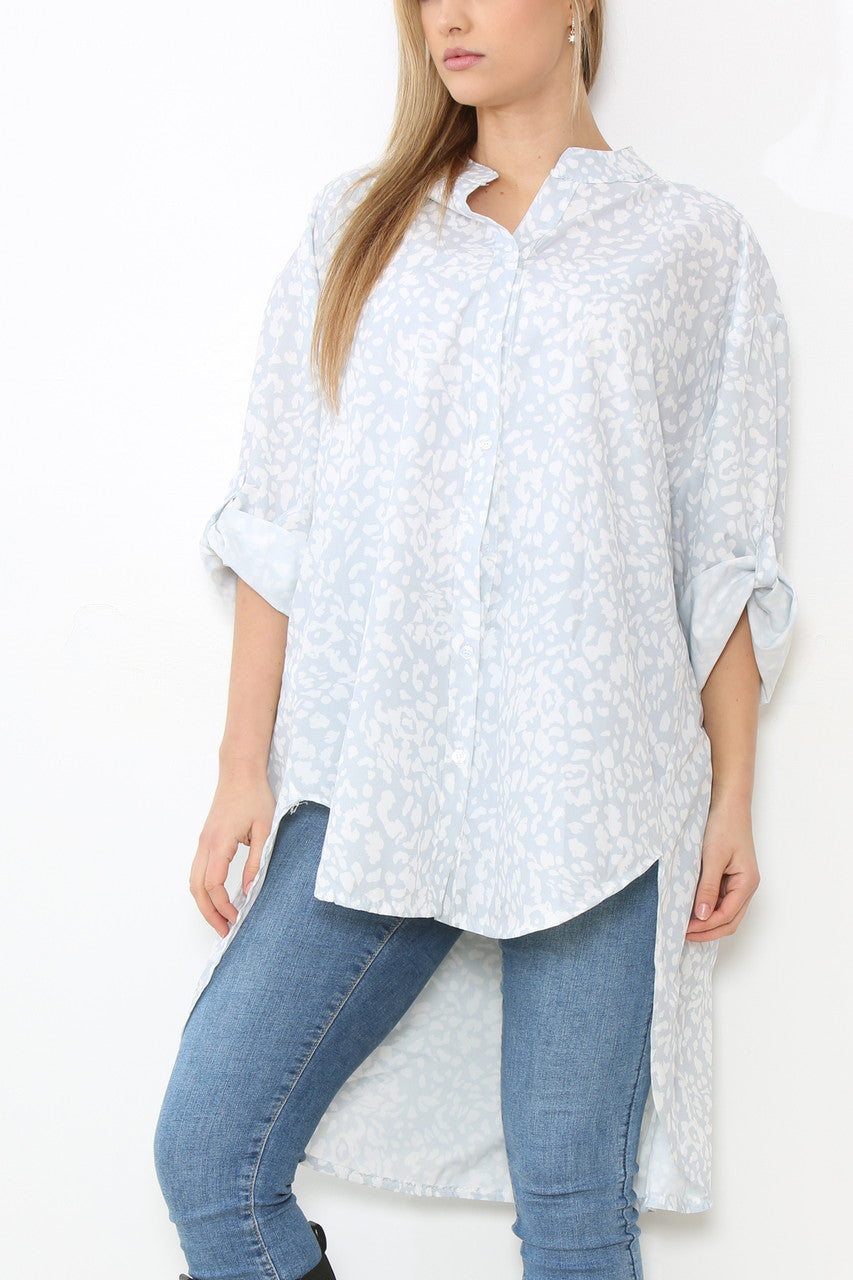 Dames Grandad-kraag Panterprint Longline Overhemd Blouse Top Zilver