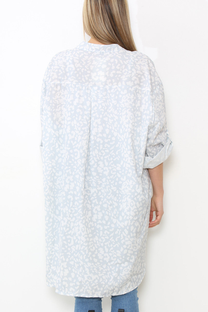 Dames Grandad-kraag Panterprint Longline Overhemd Blouse Top Zilver
