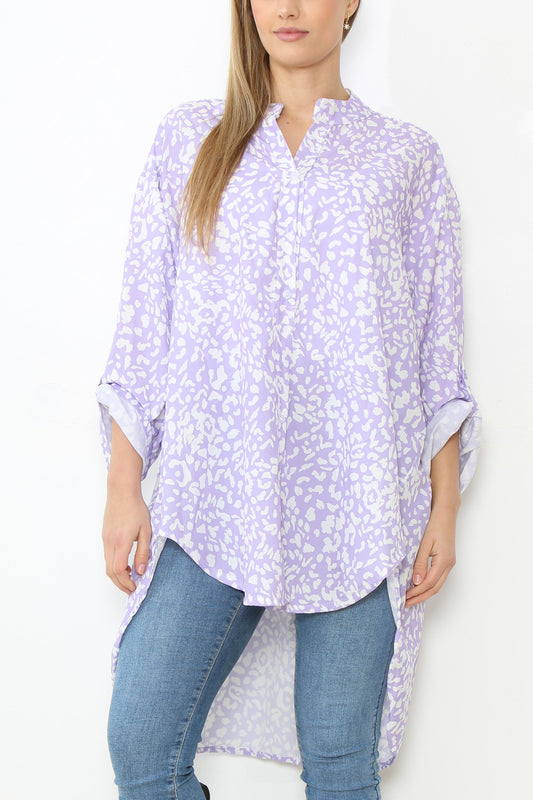Dames Grandad Collar Blouse met Luipaardprint en Lange Pasvorm Lila