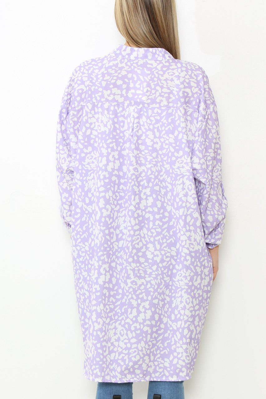 Dames Grandad Collar Blouse met Luipaardprint en Lange Pasvorm Lila