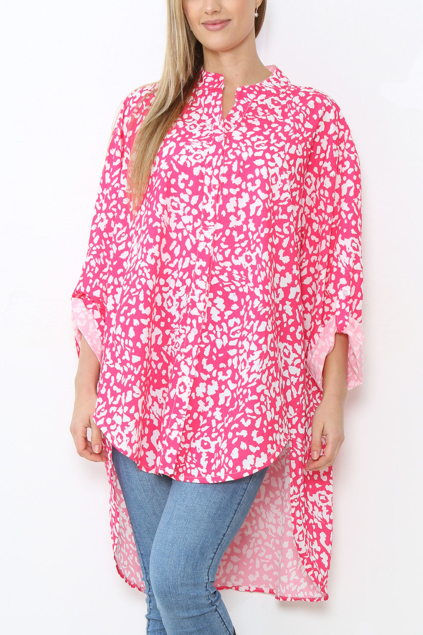 Ladies Grandad Collar Leopard Print Longline Shirt Blouse Top Cerise
