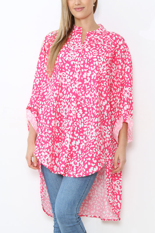 Dames Hemdblouse met Panterprint, Grootvaderkraag en Langere Pasvorm Cerise