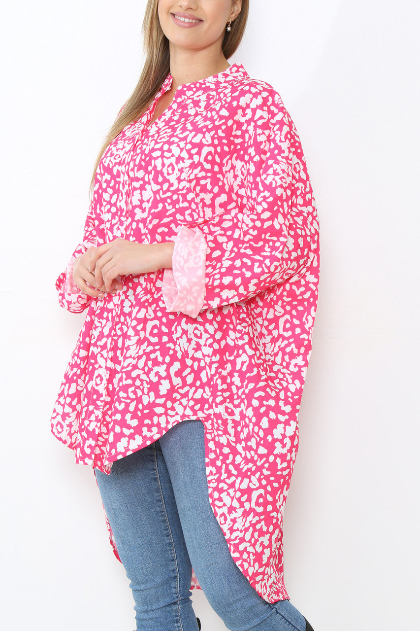 Ladies Grandad Collar Leopard Print Longline Shirt Blouse Top Cerise