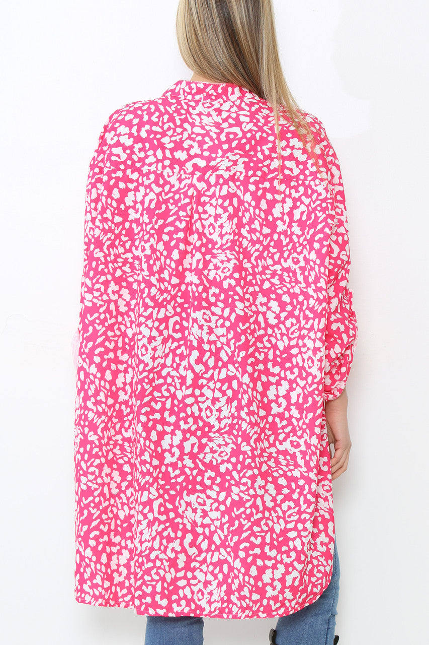 Ladies Grandad Collar Leopard Print Longline Shirt Blouse Top Cerise