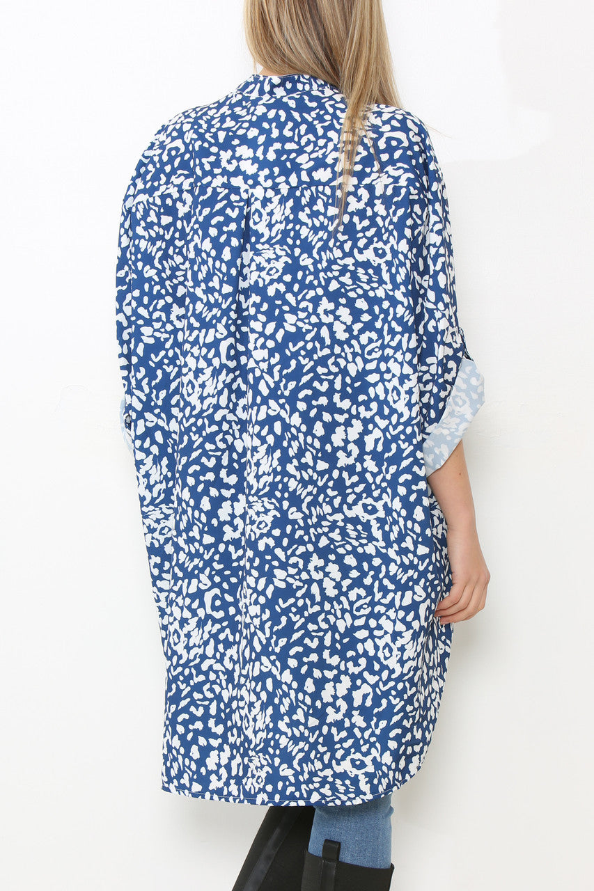 Ladies Grandad Collar Leopard Print Longline Shirt Blouse Top Royal Blue