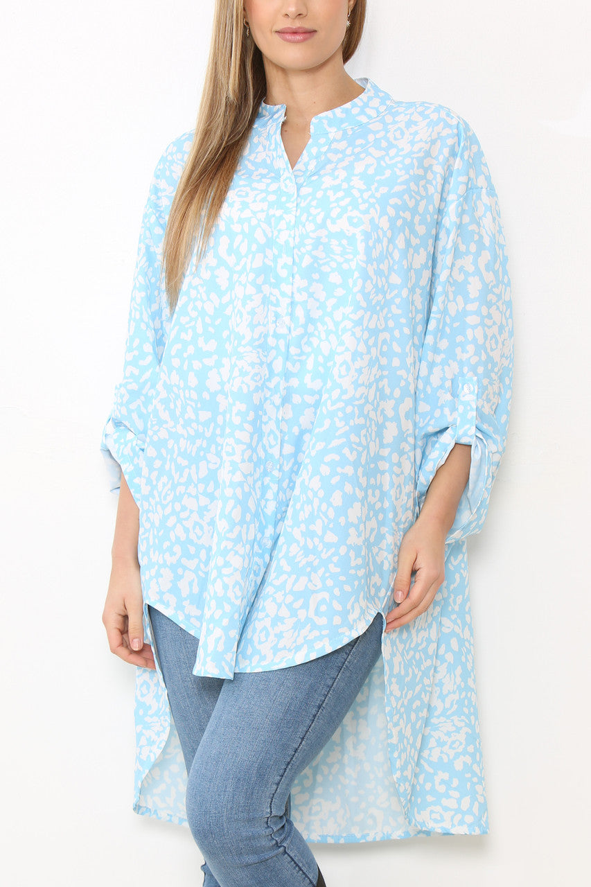 Ladies Grandad Collar Leopard Print Longline Shirt Blouse Top Light Blue