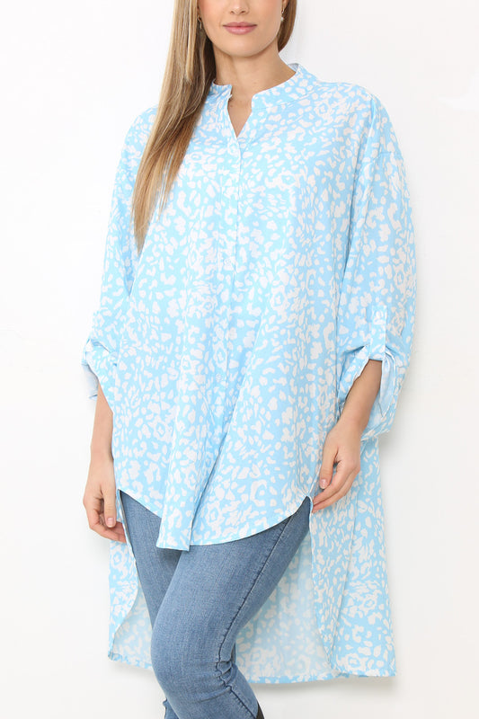 Dames Overhemdblouse met Opa Kraag, Luipaardprint, Lang model, Lichtblauw