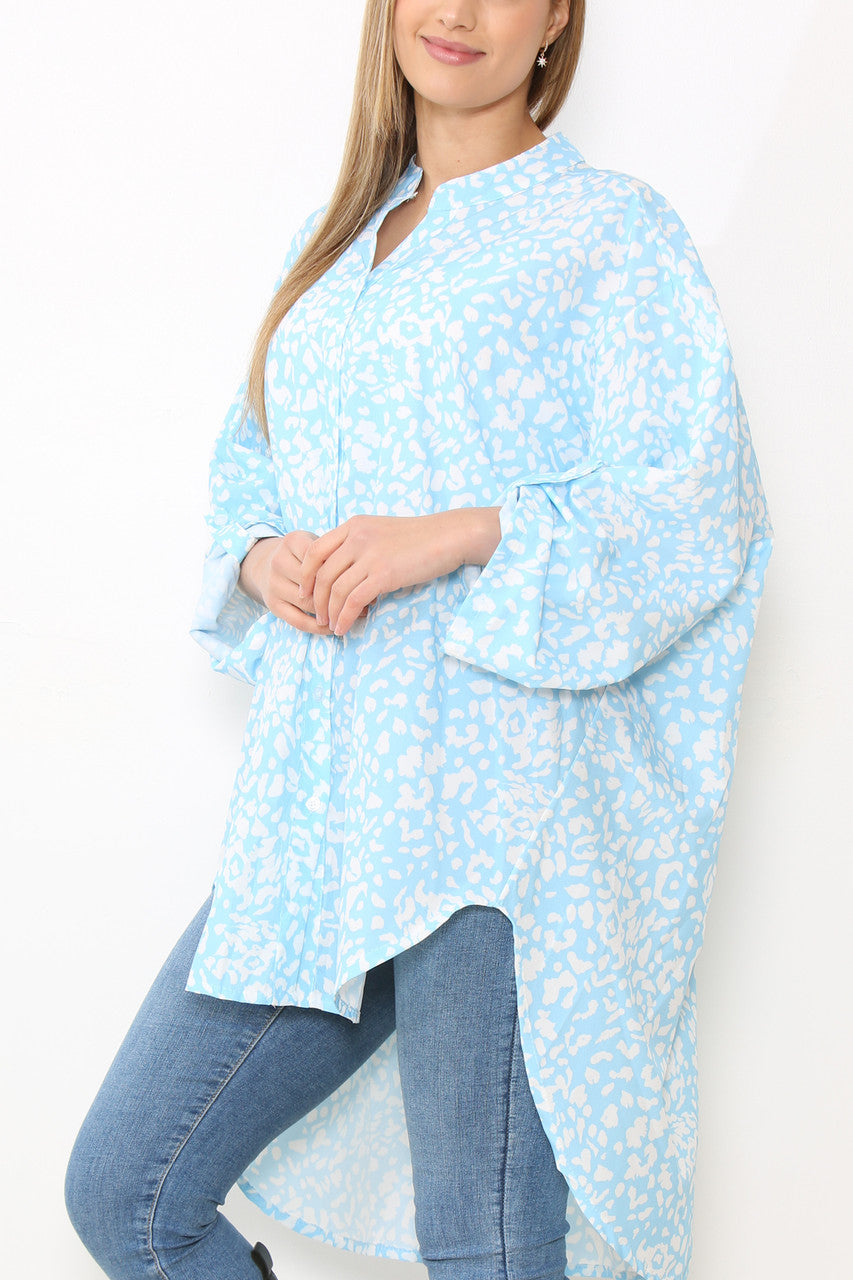 Ladies Grandad Collar Leopard Print Longline Shirt Blouse Top Light Blue