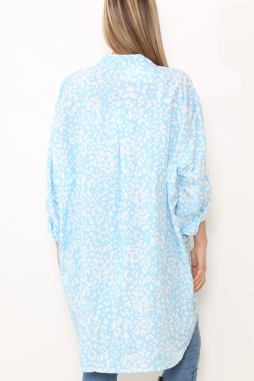 Ladies Grandad Collar Leopard Print Longline Shirt Blouse Top Light Blue