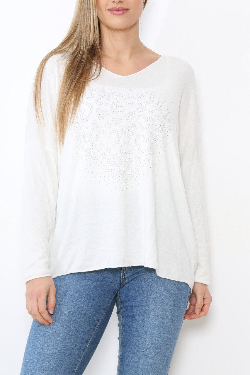 Ladies Sequin Hearts Heart Fine Knit Jumper Top White