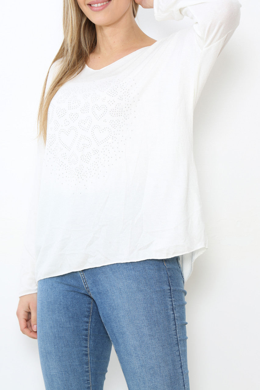Ladies Sequin Hearts Heart Fine Knit Jumper Top White