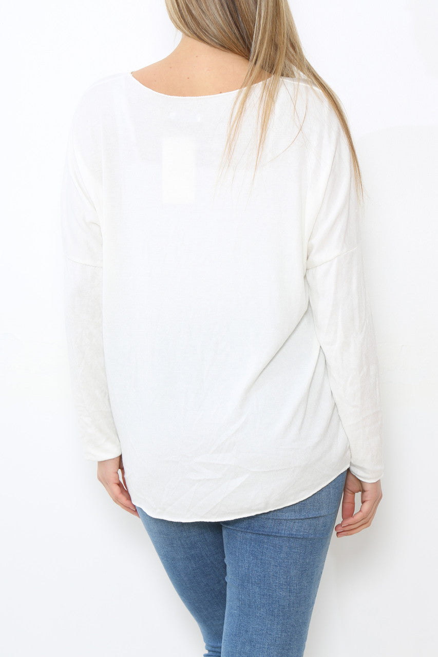 Ladies Sequin Hearts Heart Fine Knit Jumper Top White