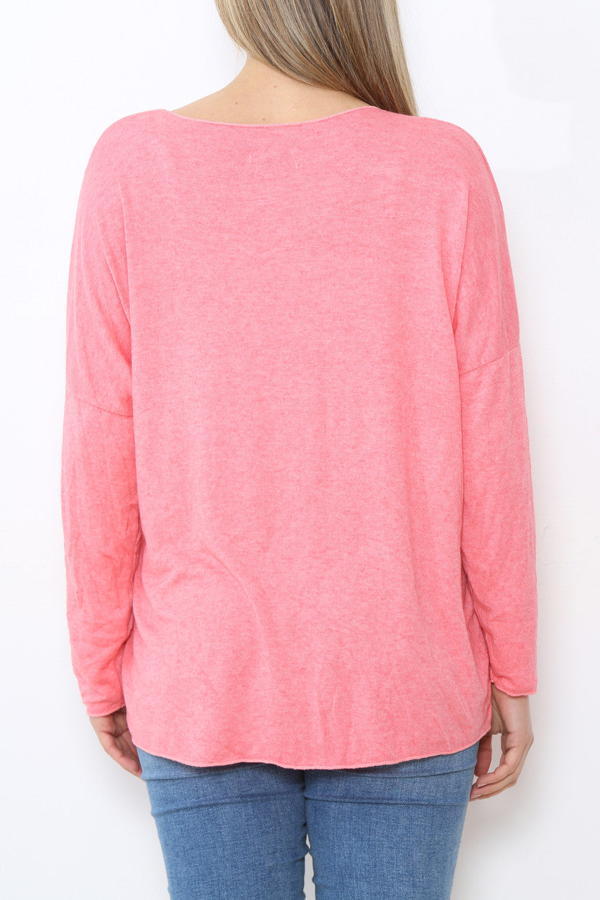 Ladies Sequin Hearts Heart Fine Knit Jumper Top Coral