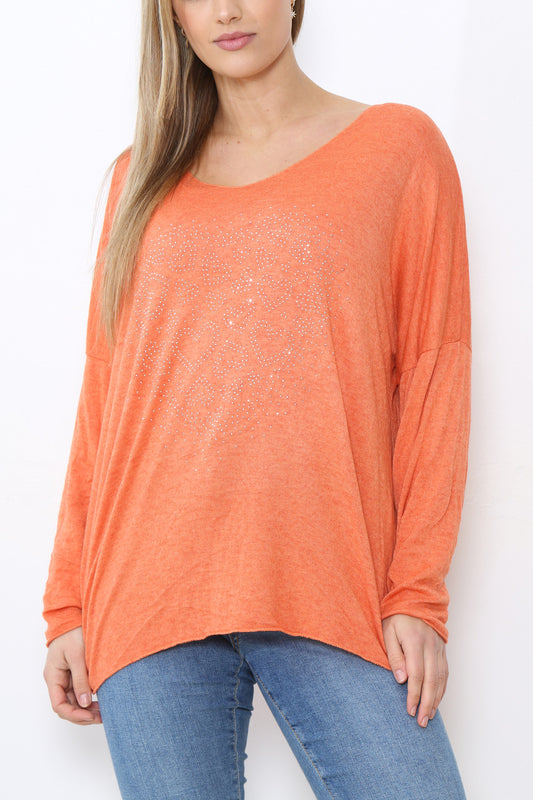 Dames Sequin Hearts Hart Fijne Gebreide Trui Oranje
