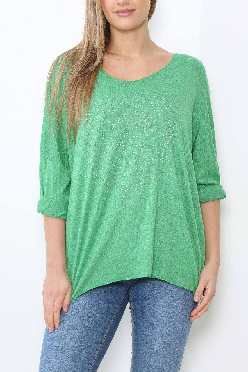 Ladies Sequin Hearts Heart Fine Knit Jumper Top Green