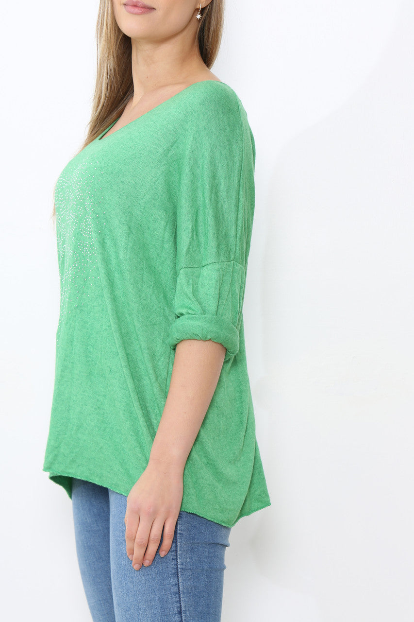 Ladies Sequin Hearts Heart Fine Knit Jumper Top Green