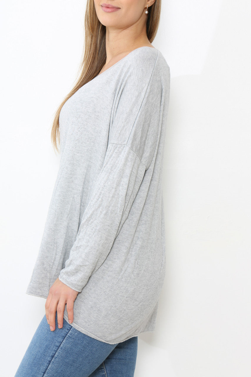 Ladies Sequin Hearts Heart Fine Knit Jumper Top Silver