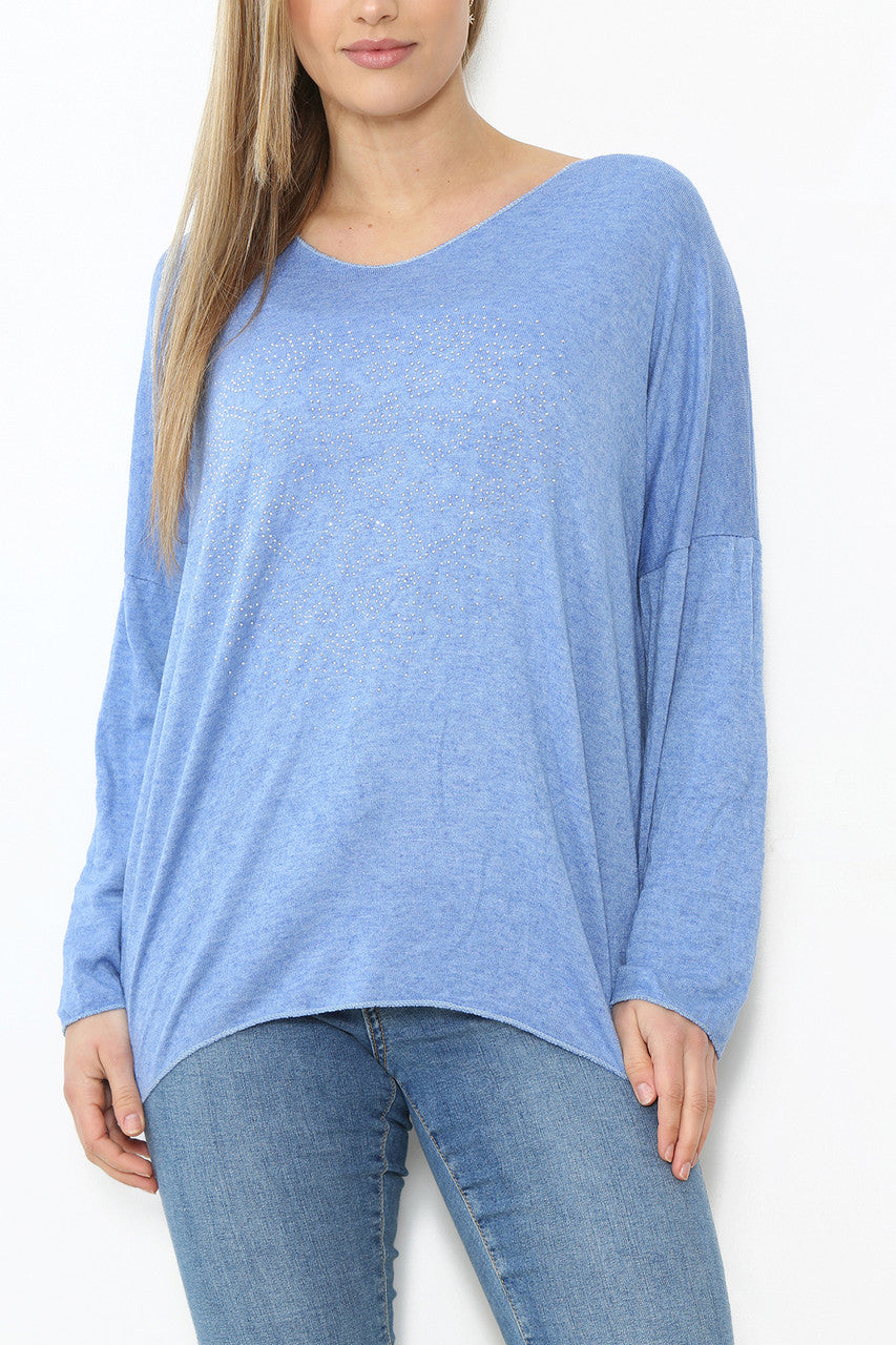 Ladies Sequin Hearts Heart Fine Knit Jumper Top Denim