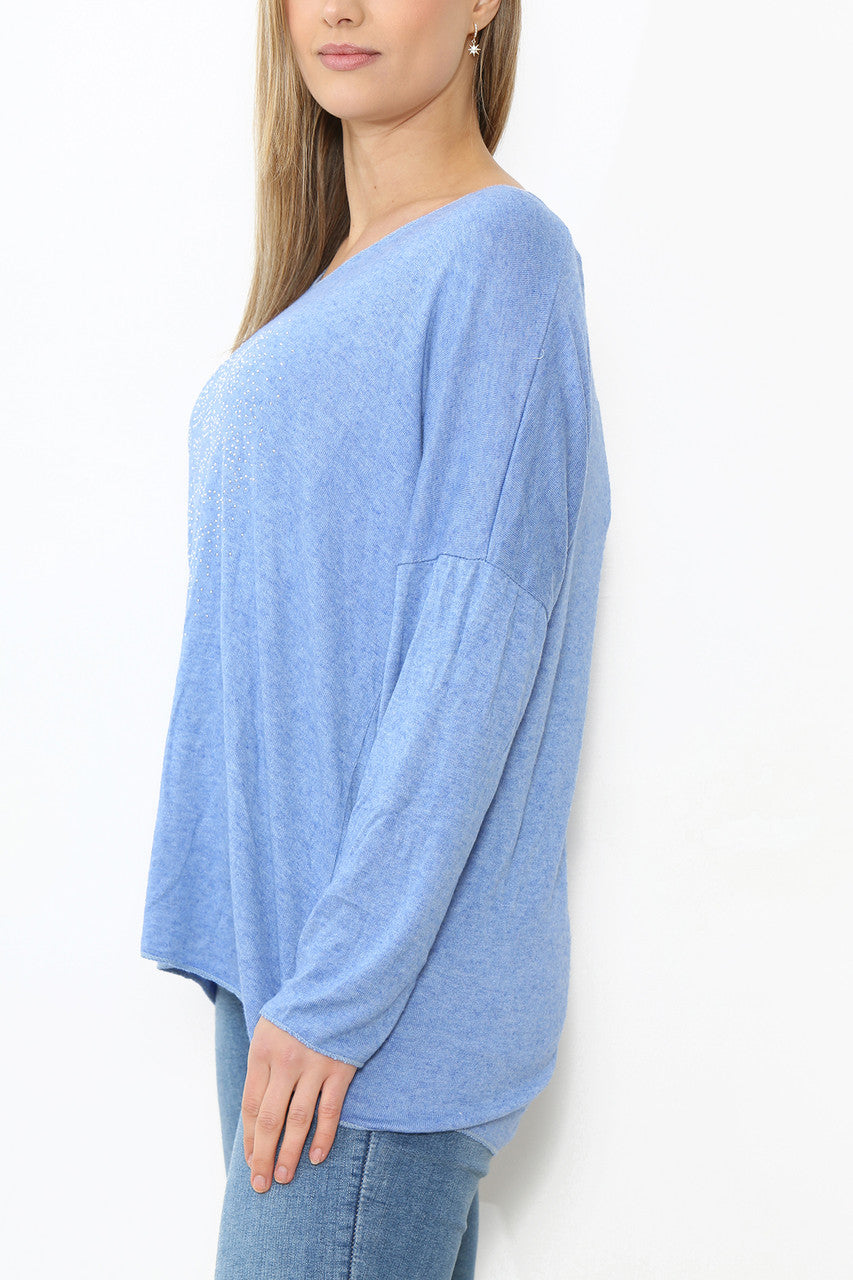 Ladies Sequin Hearts Heart Fine Knit Jumper Top Denim