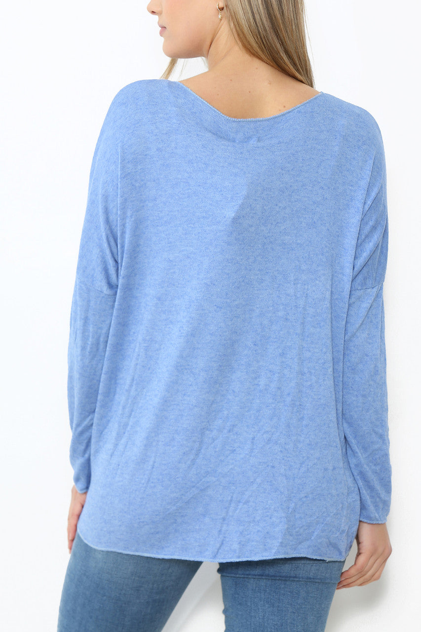 Ladies Sequin Hearts Heart Fine Knit Jumper Top Denim