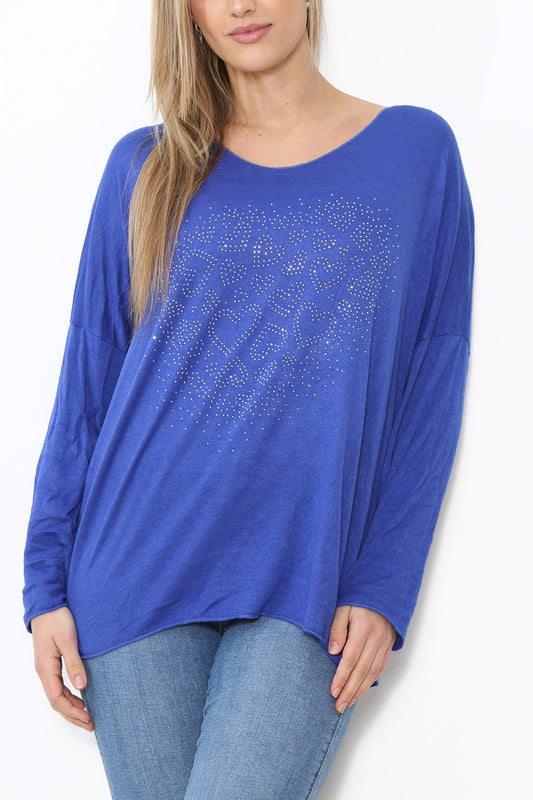 Dames Sequin Hearts Hart Fijne Gebreide Trui Top Koningsblauw
