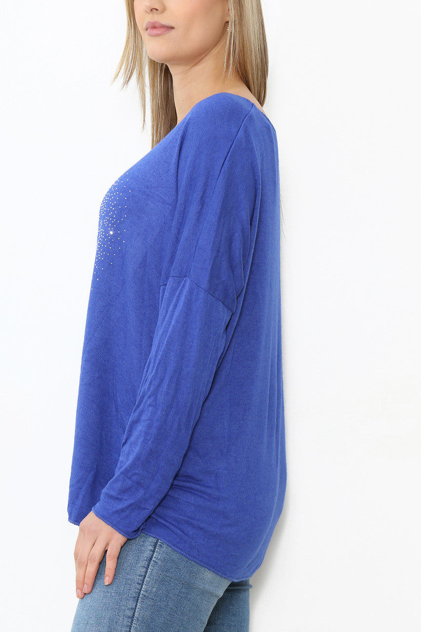 Dames Sequin Hearts Hart Fijne Gebreide Trui Top Koningsblauw