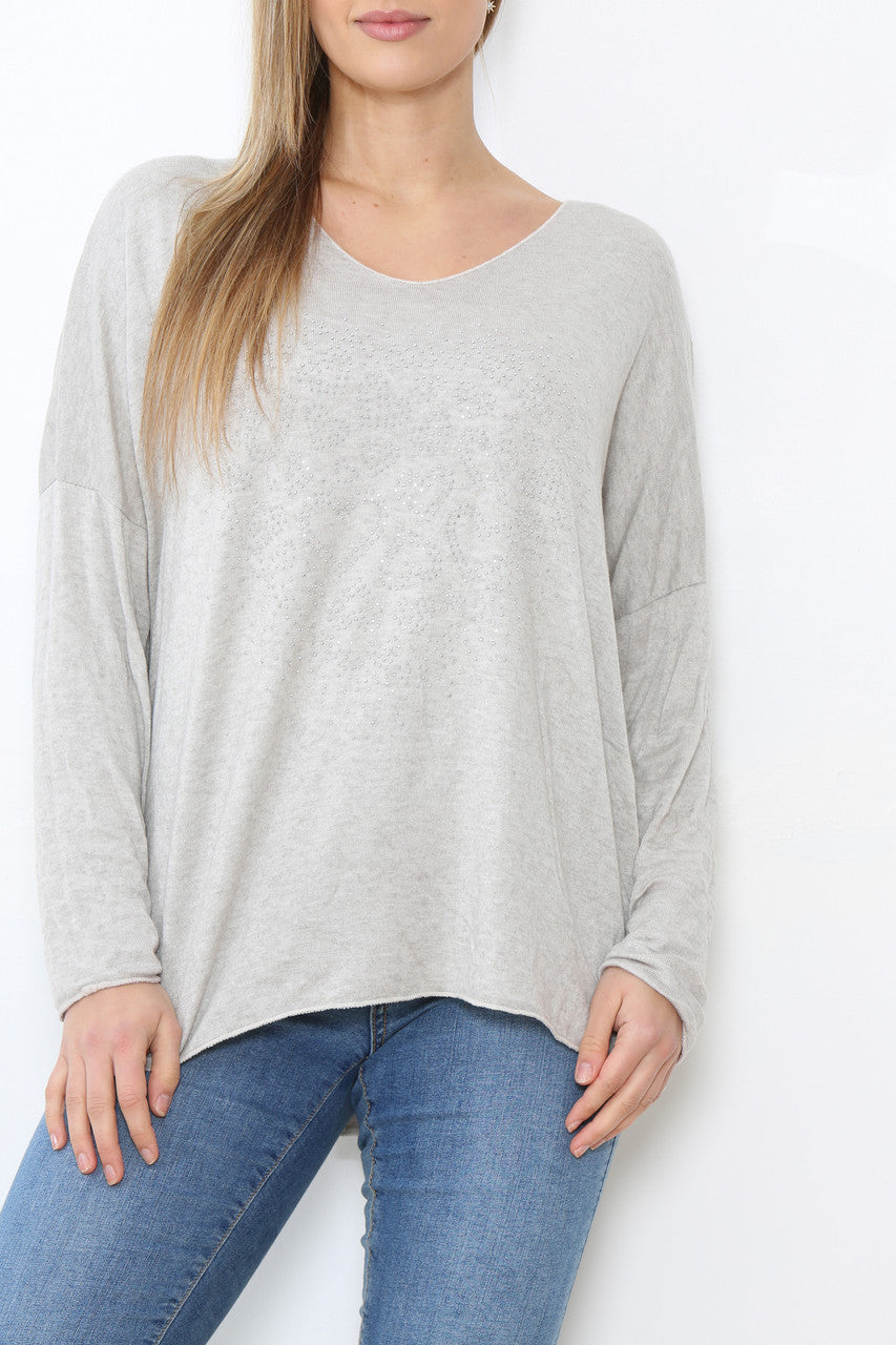 Ladies Sequin Hearts Heart Fine Knit Jumper Top Stone