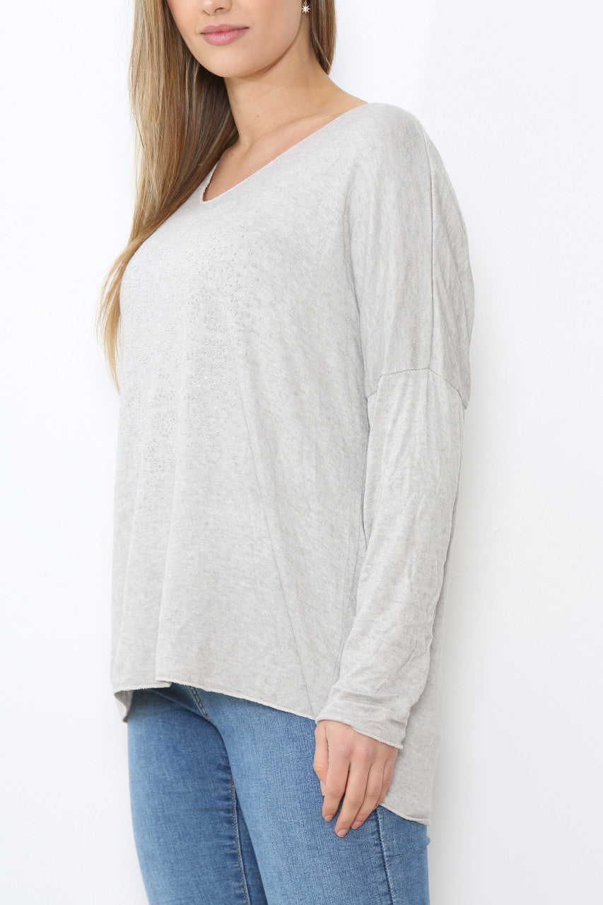 Ladies Sequin Hearts Heart Fine Knit Jumper Top Stone