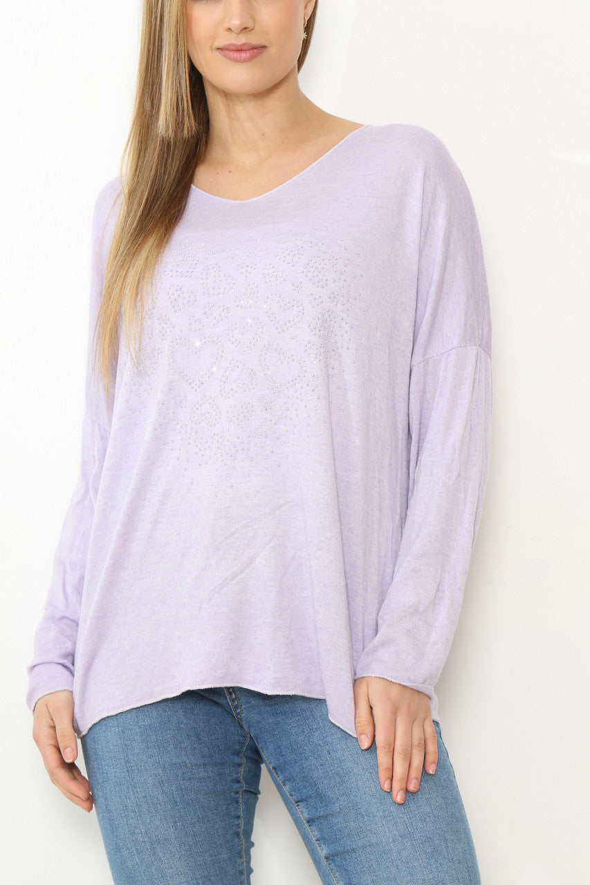 Ladies Sequin Hearts Heart Fine Knit Jumper Top Lilac