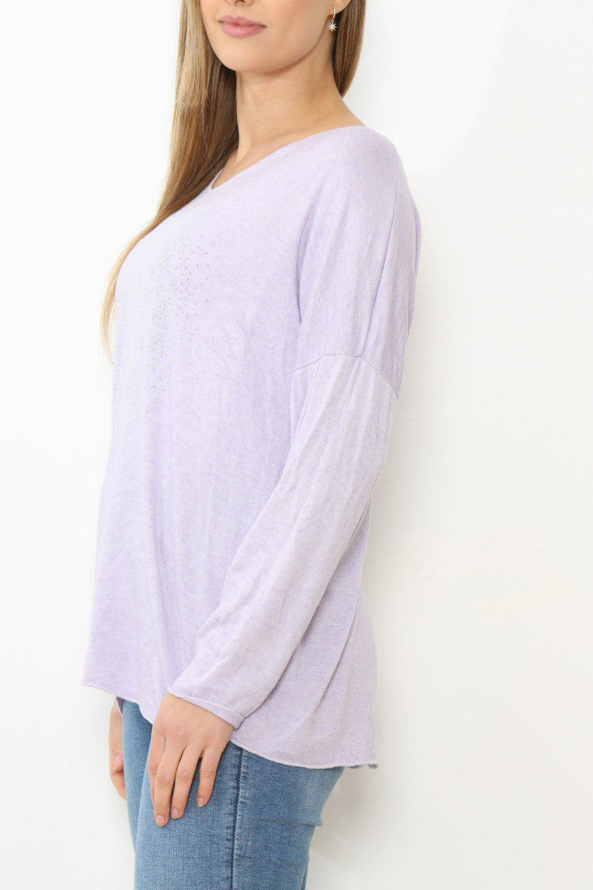 Ladies Sequin Hearts Heart Fine Knit Jumper Top Lilac