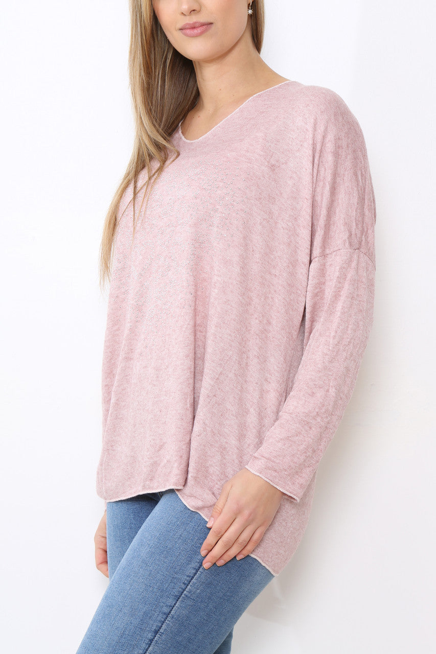Ladies Sequin Hearts Heart Fine Knit Jumper Top Dusty Pink