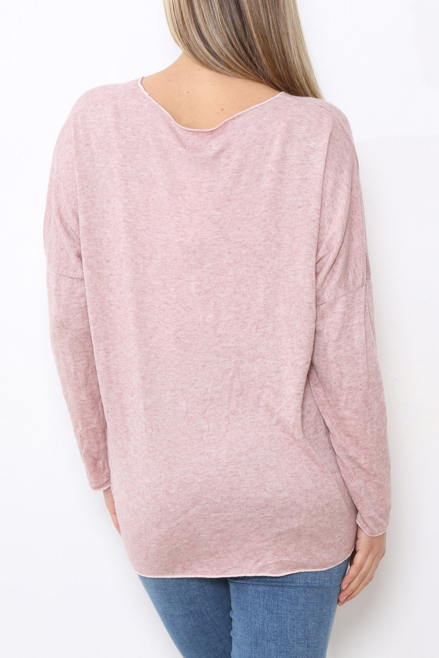 Ladies Sequin Hearts Heart Fine Knit Jumper Top Dusty Pink