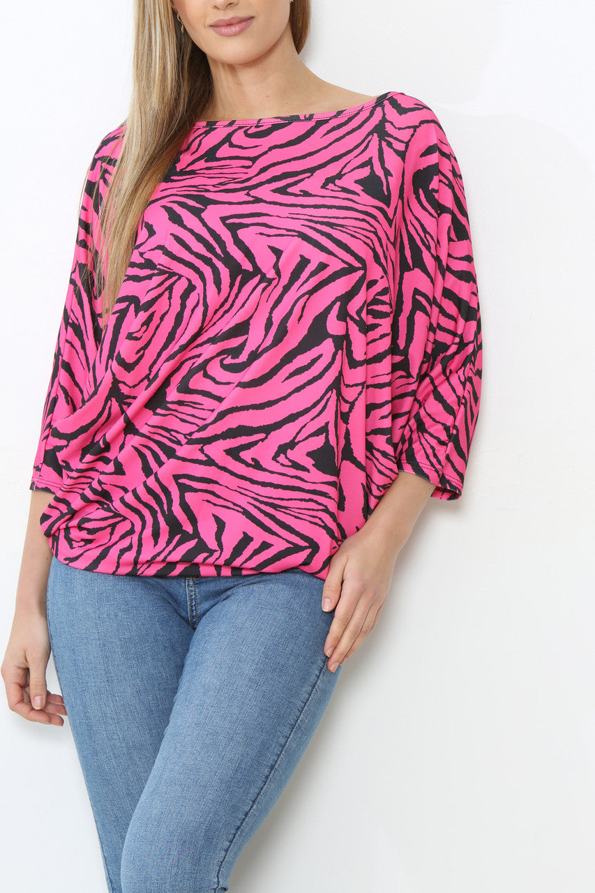 Ladies Animal Print Batwing Top  Cerise