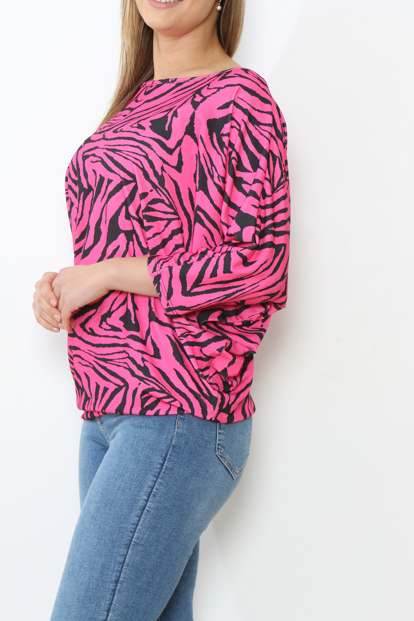 Ladies Animal Print Batwing Top  Cerise