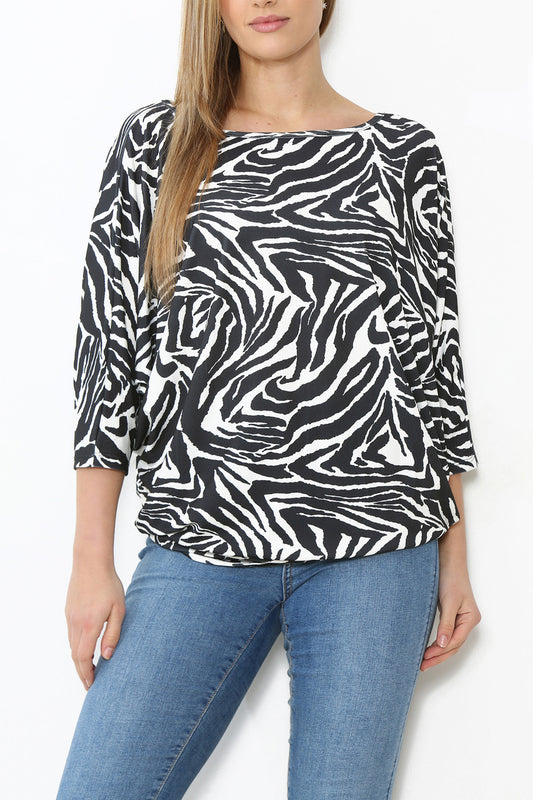 Ladies Animal Print Batwing Top Black