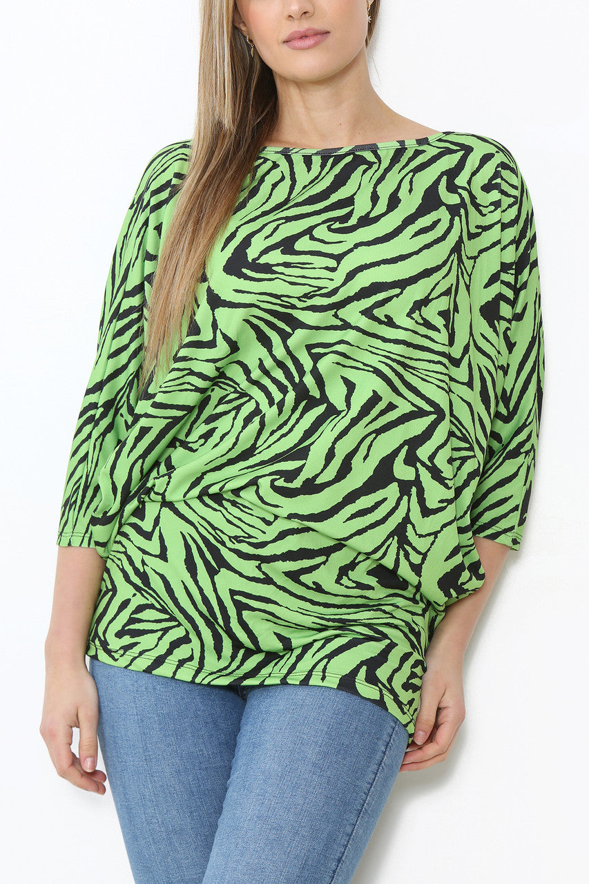 Dames Top Met Dierenprint En Vleermuismouwen Limoengroen