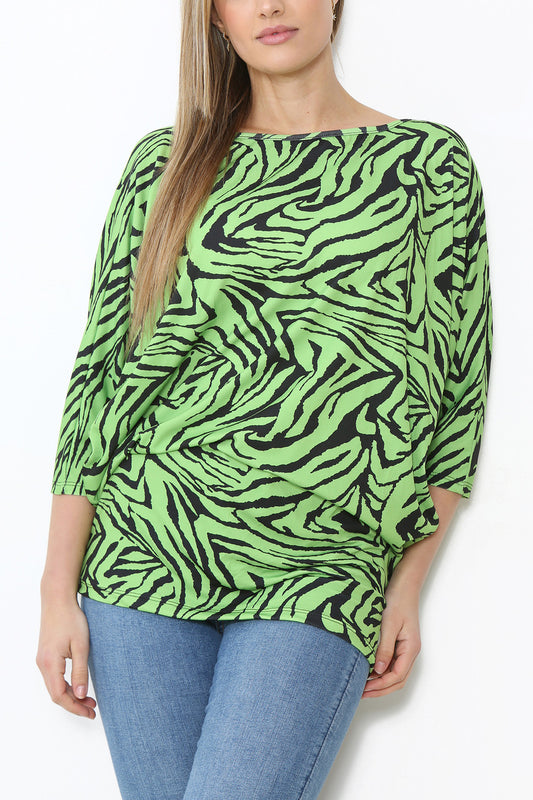 Ladies Animal Print Batwing Top Lime Green