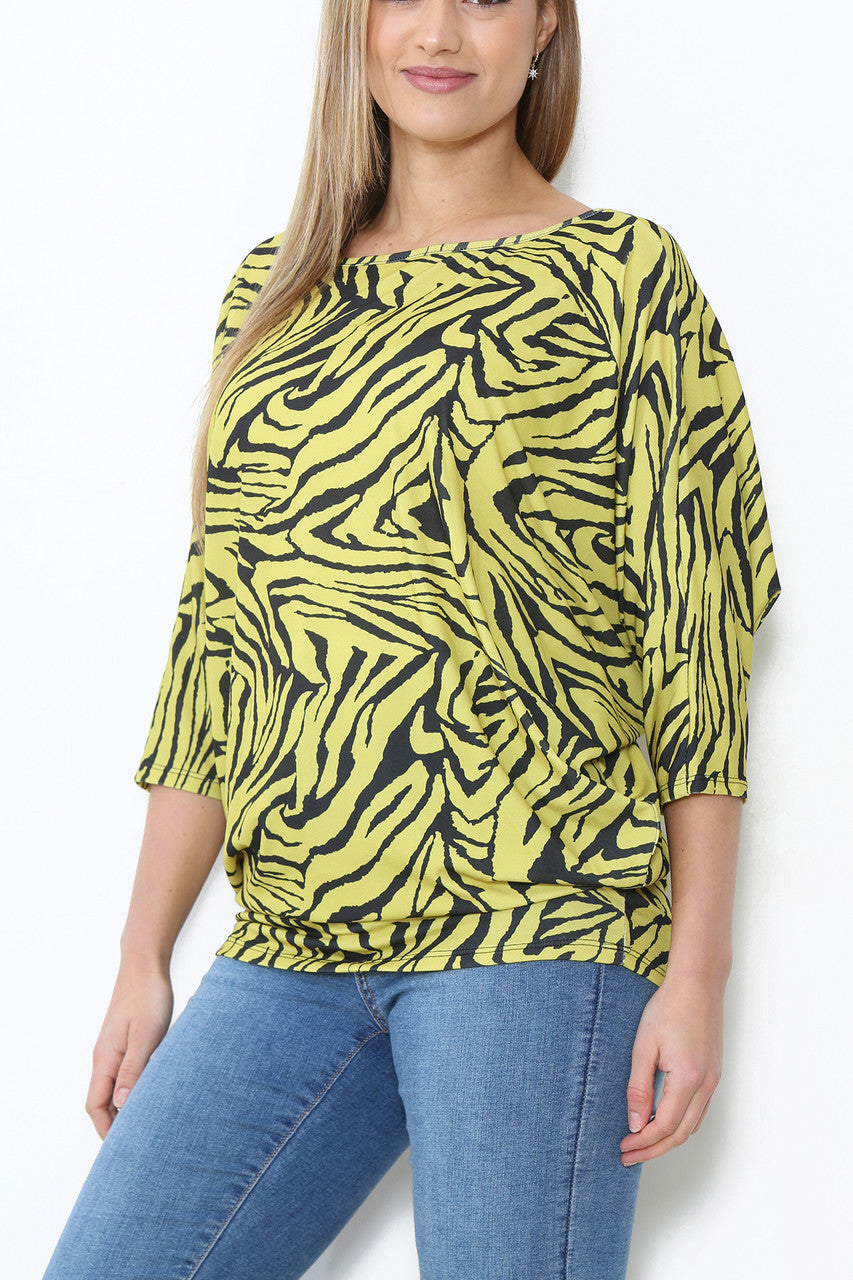 Ladies Animal Print Batwing Top Mustard