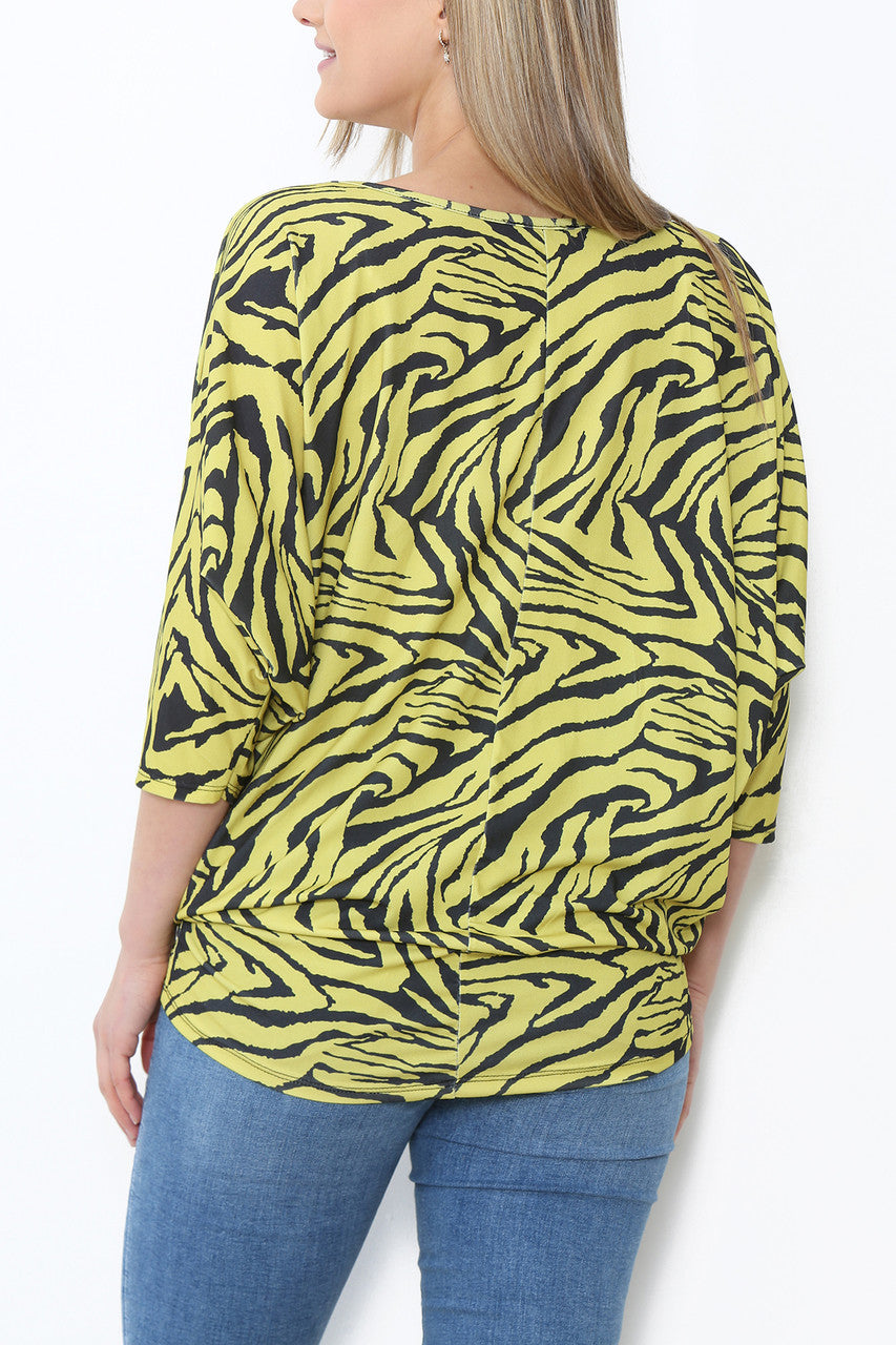 Ladies Animal Print Batwing Top Mustard