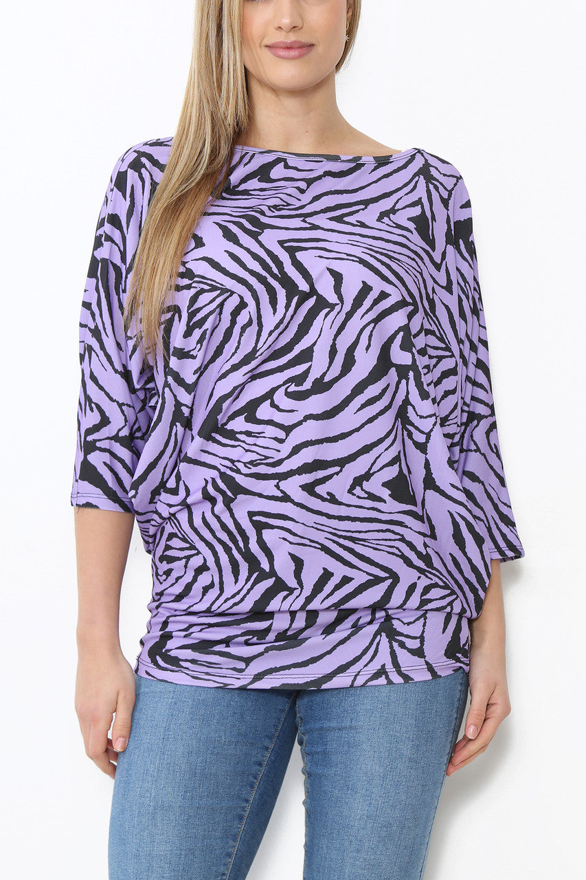 Ladies Animal Print Batwing Top Purple